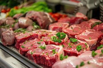 Meat Display. Raw Fresh Veal Selection at Butcher Shop Refrigerated Showcase