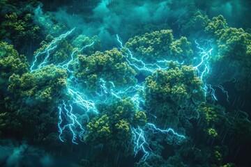 A stormy sky with lightning bolts striking trees