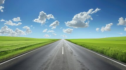 Open Road Driving. Highway Asphalt Stretching Through Tranquil Green Fields Under a Blue Cloudy Sky