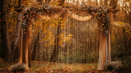 autumn wedding decor, graceful drapery and twinkling fairy lights adorn a beautiful outdoor wedding arch in autumns golden tones, creating a magical backdrop for a romantic fall celebration