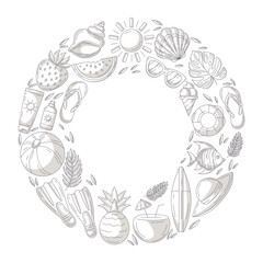 Summer holiday elements in round shape. Square card, monochrome gray beach accessories icons isolated on white, copy space in the middle. For poster, flyer, banner, invitation, social media.