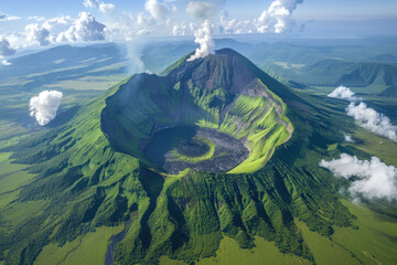 The image shows an aerial view of a large verdant volcanic crater.