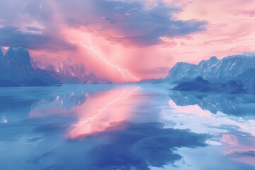 Fototapeta premium A stormy sky with a lightning bolt and a reflection of the sky in the water