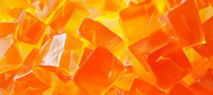 Abstract background made from orange jello chunks. Backlit clear ice or jelly cubes. Candy sweets