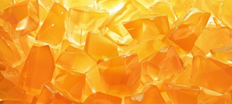 Abstract background made from orange jello chunks. Backlit clear ice or jelly cubes. Candy sweets