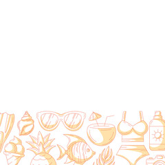 Summer square card, monochrome orange beach accessories icons. Bottom border frame, copy space, isolated on white. Summertime, holiday and vacation. For poster, flyer, banner, invitation, social media