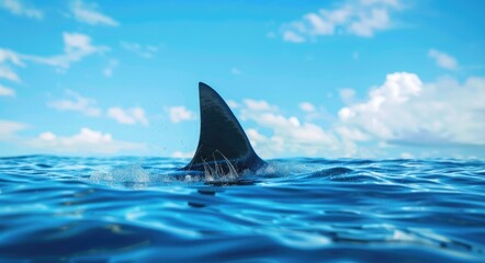 Fototapeta premium Shark Fin In Water. Symbol of Lurking Shark in Ocean Surface, 3D Rendering