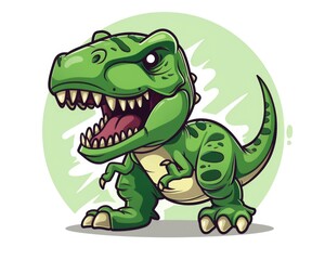 Obraz premium T Rex Cartoon. Predatory Dinosaur Character in Green, Snarling on a Cretaceous Background - 2D Chibi Illustration
