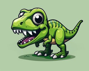 T Rex Cartoon. Predatory and Snarling Green Dinosaur Chibi Character Illustration