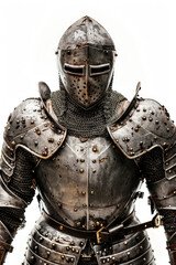 Knight with piercing eyes and polished armor, isolated on white