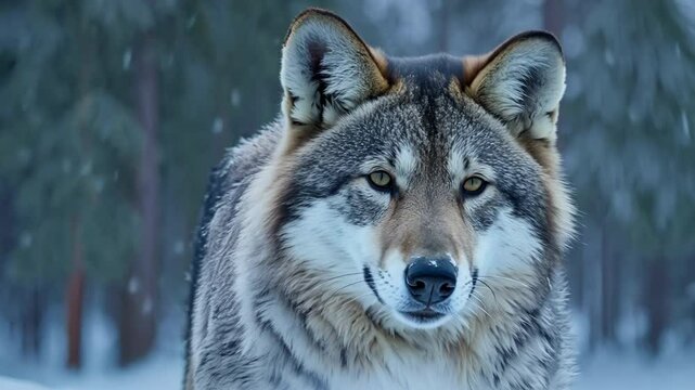 Portrait of gray wolf in winter snow