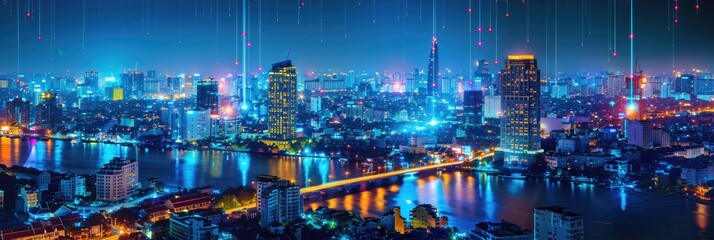 Obraz premium Wireless Communication in Smart City: Digital Network Connection Lines in Hanoi, Vietnam