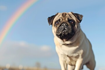 Obraz premium Pug Pup in Sunny Cinematic Scene with Rainbow