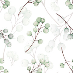 Watercolor seamless pattern with snowberry branches. Botanical print with branches with white berries. Christmas and New Year design, winter theme. Design of wrapping paper, background, wallpaper
