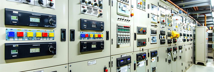 A symphony of switches: an industrial control panel at a modern facility. A wall of industrial control panels, with various switches, buttons, and meters, in an industrial setting