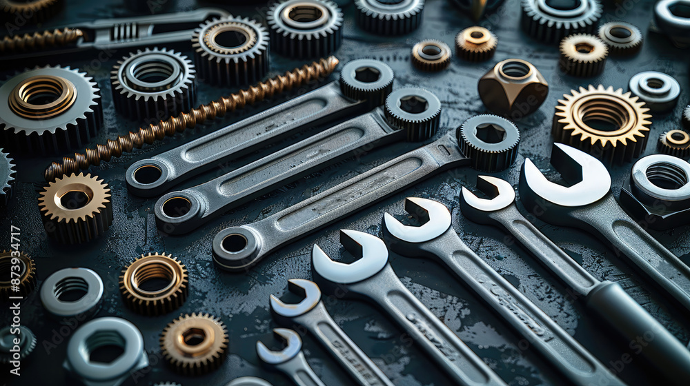 Aufkleber a car gearbox spare parts and wrenches on black background leave space. top view. generative ai.