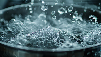 Close-up of boiling water with bubbles and steam in a pot.
