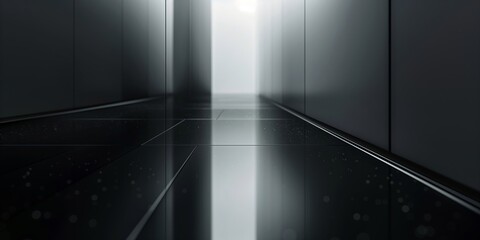Minimalistic Background, Dark Glass Hallway with Reflective Surfaces
