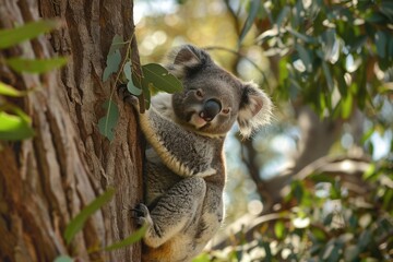 Obraz premium Bear Koala on Eucalyptus Tree in Australia. Cute marsupial wildlife in nature