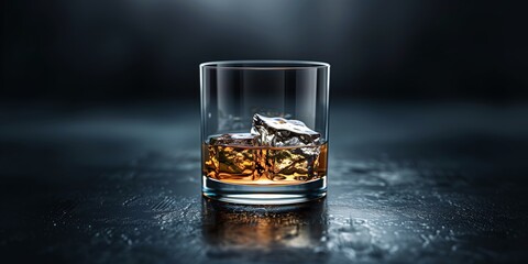 Minimalist dark background with a glass of whiskey and ice cubes on a reflective surface
