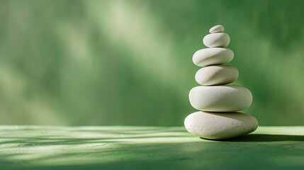 Obraz premium Stacked white pebbles on a green background symbolizing balance and zen