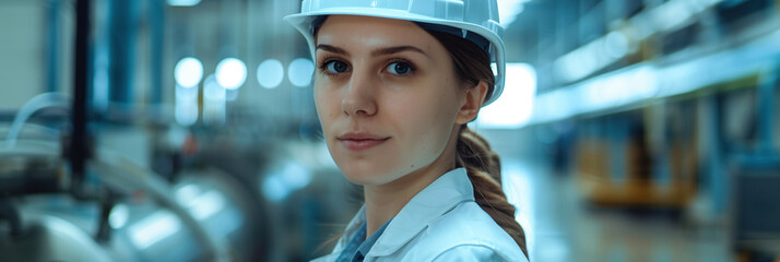 A young woman engineer, wearing a white hard hat and lab coat, stands confidently in a high-tech industrial environment