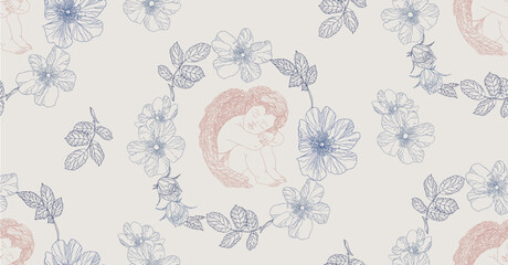 Pattern with angel and roses in vintage style