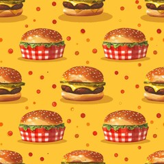 flat cartoon illustration of Burger in red checkered basket, on mustard yellow vintage background, seamless repeating pattern