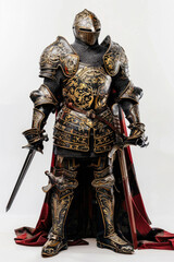 Obraz premium Regal knight in ornate armor, exuding authority on a white backdrop