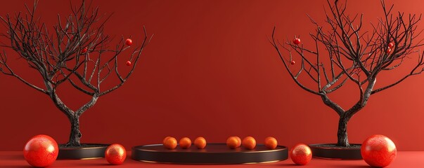 Minimal mockup podium, red and black colors, two barren trees, orange balls in front, Chinese New Year backdrop, realistic render.