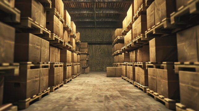 Spacious warehouse interior featuring neatly organized stacks of boxes and crates on industrial shelving units, emphasizing efficient inventory management and organized storage solutions in a modern b