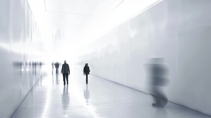 White gray business abstract background with people standing in the corridor, zoom effect – ideal for corporate presentations, modern office themes, and professional business settings
