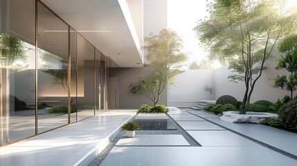 Modern villa courtyard, a minimalist style is adopted, characterized by clean lines and a simple layout. The entire space is dominated by white and gray tones, creating a tranquil and pure atmosphere.