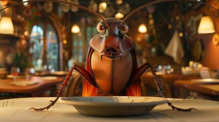 A comical drawing showcases a cartoon cockroach seated at a dinner table in a restaurant. The image captures the anticipation of the insect's meal in a lighthearted way.