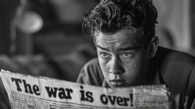 Captured in a 1940s black and white photograph, a young man seated in his chair expresses surprise upon reading the end of the war from his newspaper.