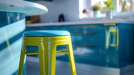 A modern kitchen with a vibrant yellow stool and blue cabinets.