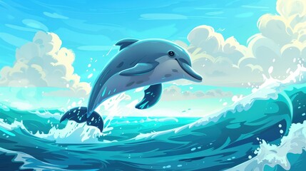 Obraz premium Exciting cartoon illustration showcasing a playful dolphin