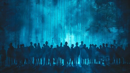 illustration of crowd as dark silhouettes manipulated by puppet strings, conveying mind control concept, set against a blue backdrop