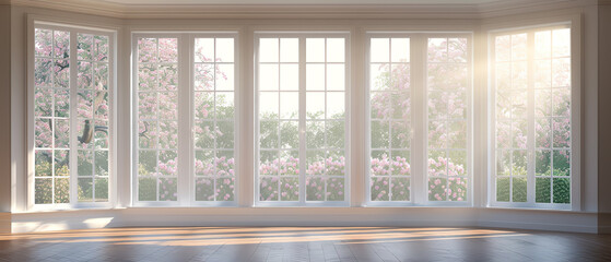 A large bay window with sunlight streaming through, overlooking a serene garden with blooming flowers, Bright, High detail, Peaceful and inviting view