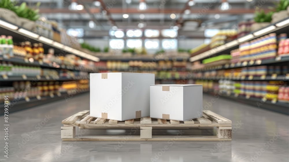 Poster two white empty boxes on wooden pallet isolated on white background, mockup design template concept 