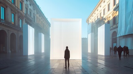 Solitary Figure Amidst Towering City Structures