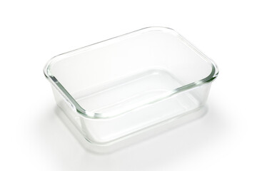 Empty glass rectangular food container on white background