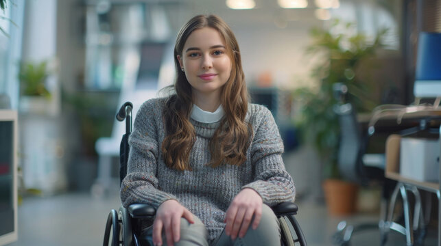 Happy young woman with disability sitting in wheelchair in office 