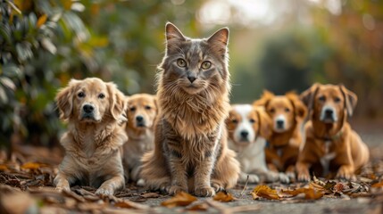 A cat, striking a pose for a photoshoot against the backdrop of watch dogs, provides a captivating representation of amicable pet relations.