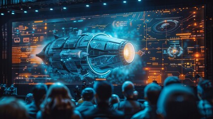 A mesmerizing presentation showcases a fantastical rocket engine on a big screen, captivating viewers with its futuristic display.