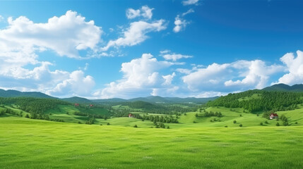 Obraz premium Landscape view of green grass on a hillside with blue sky and clouds in the background. Beautiful natural landscape of countryside hills, generative ai