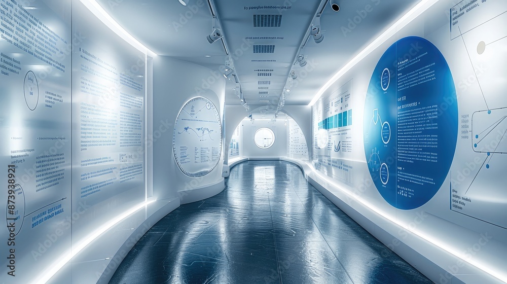 Poster pictures and text on the wall, blue text on a white background, a timeline running through it, and c