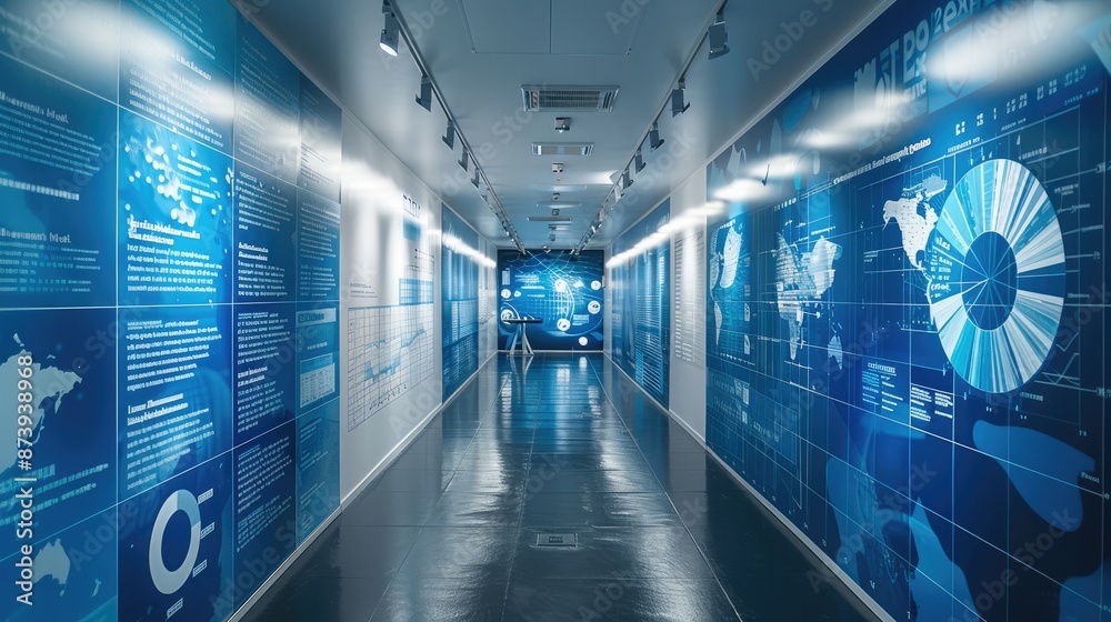 Poster Pictures and text on the wall, blue text on a white background, a timeline running through it, and circular charts up and down. Generative AI.