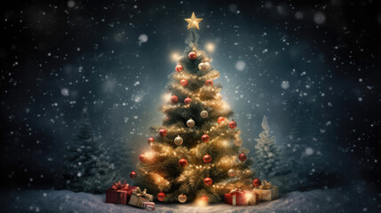 Obraz premium Christmas tree with Christmas light background for poster, generative ai