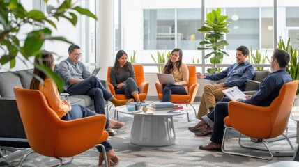 Collaborative team discussion in modern office environment with tech savvy furnishings and accent colors